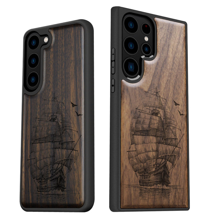 Sailboat on the Sea, Classic Engraved Wood & TPU Case - Artisanal Cover for Samsung Galaxy