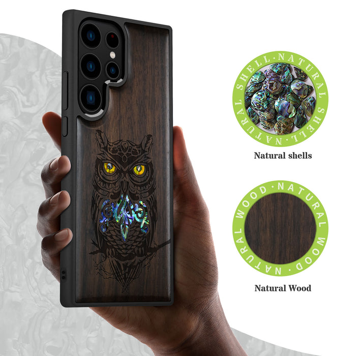 An Owl Perched on a Branch, Hand-Inlaid Wood & Mother of Pearl Case - Artisanal Cover for Samsung Galaxy