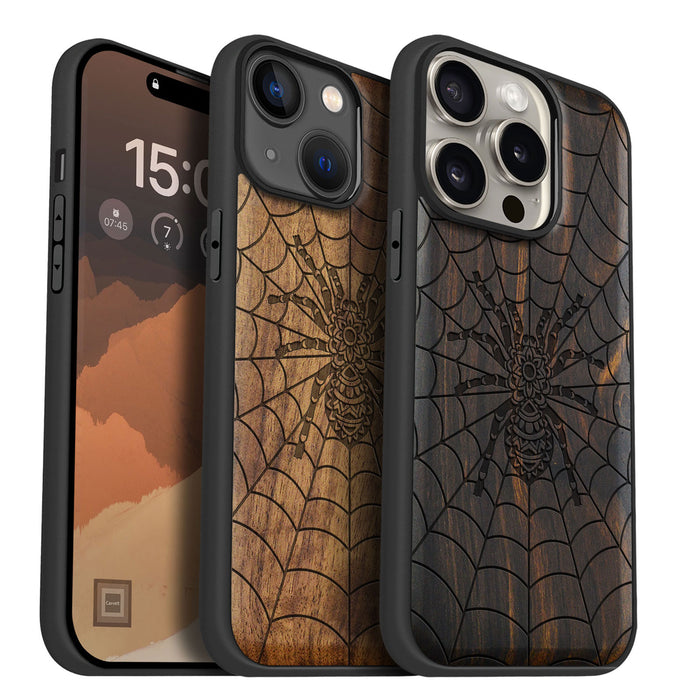 Elegant Webbed Wonder, Classic Engraved Wood & TPU Case - Artisanal Cover for Apple iPhone