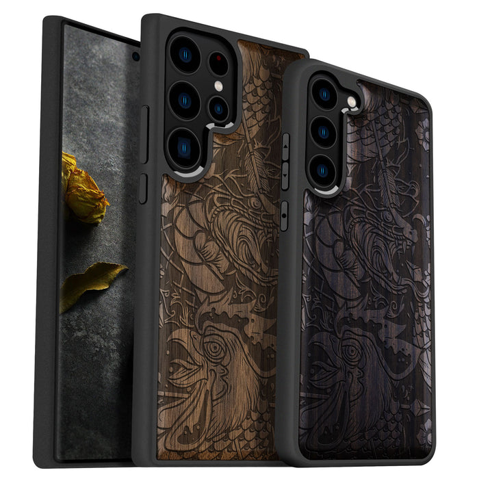 Fierce Mythical Clas, Classic Engraved Wood & TPU Case - Artisanal Cover for Samsung Galaxy