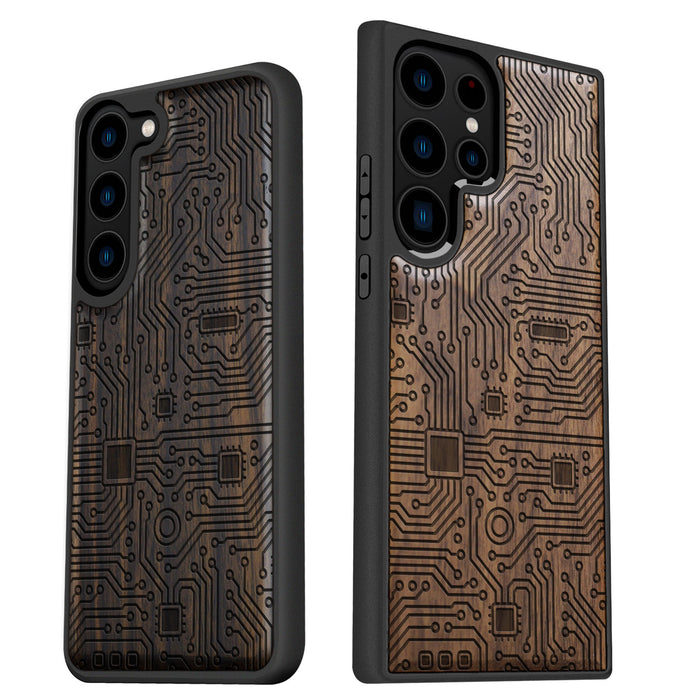 Abstract Motherboard Linework Art, Classic Engraved Wood & TPU Case - Artisanal Cover for Samsung Galaxy