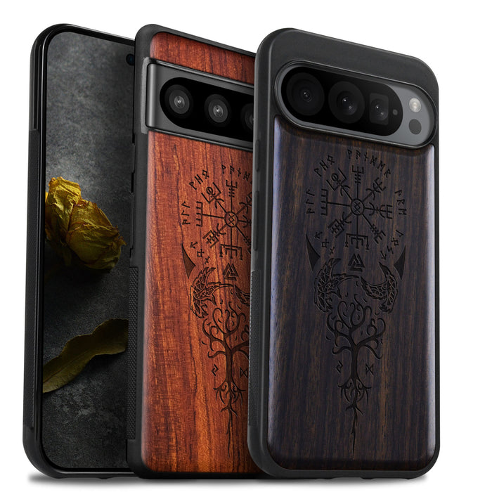 The Guiding Vegvisir, Classic Engraved Wood & TPU Case - Artisanal Cover for Google Pixel