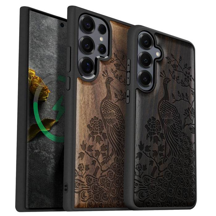 The Majestic Asian Peacock, Classic Engraved Wood & TPU Case - Artisanal Cover for Samsung Galaxy