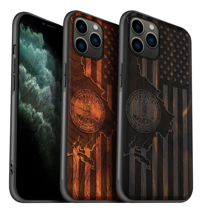 Virginia and Star Flag, Classic Engraved Wood & TPU Case - Artisanal Cover for Apple iPhone