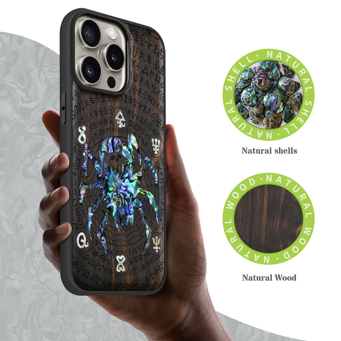 Shadows of the Web, Hand-Inlaid Wood & Mother of Pearl Case - Artisanal Cover for Apple iPhone