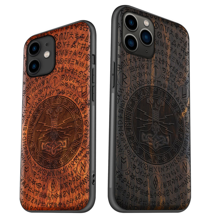 Mjölnir and the Runes, Classic Engraved Wood & TPU Case - Artisanal Cover for Apple iPhone