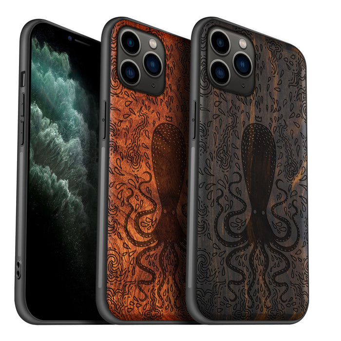 The Floral Octopus, Classic Engraved Wood & TPU Case - Artisanal Cover for Apple iPhone