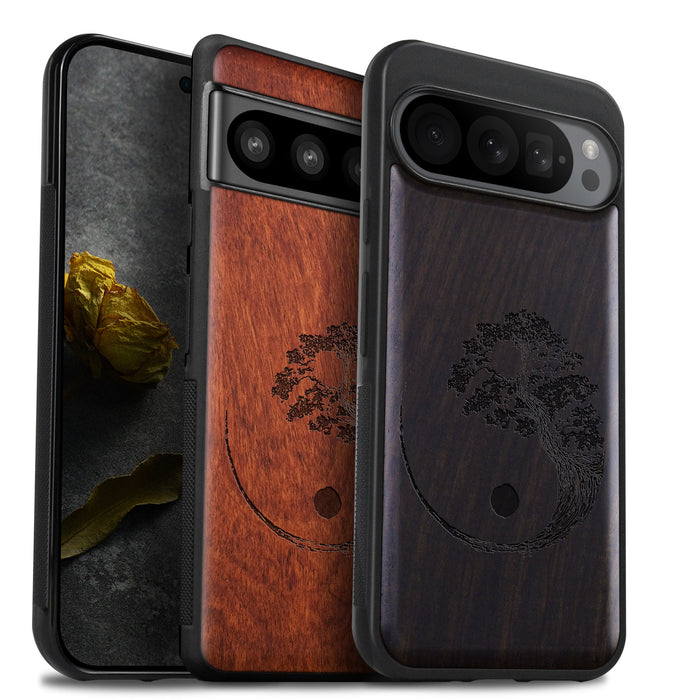 Yin Yang Bonsai Tree in Japanese Style, Classic Engraved Wood & TPU Case - Artisanal Cover for Google Pixel