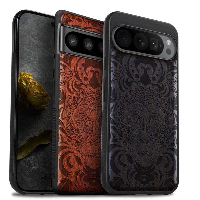 The Leafy Visage, Classic Engraved Wood & TPU Case - Artisanal Cover for Google Pixel