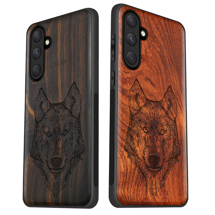 Realistic Wolf Linework Art, Classic Engraved Wood & TPU Case - Artisanal Cover for Samsung Galaxy