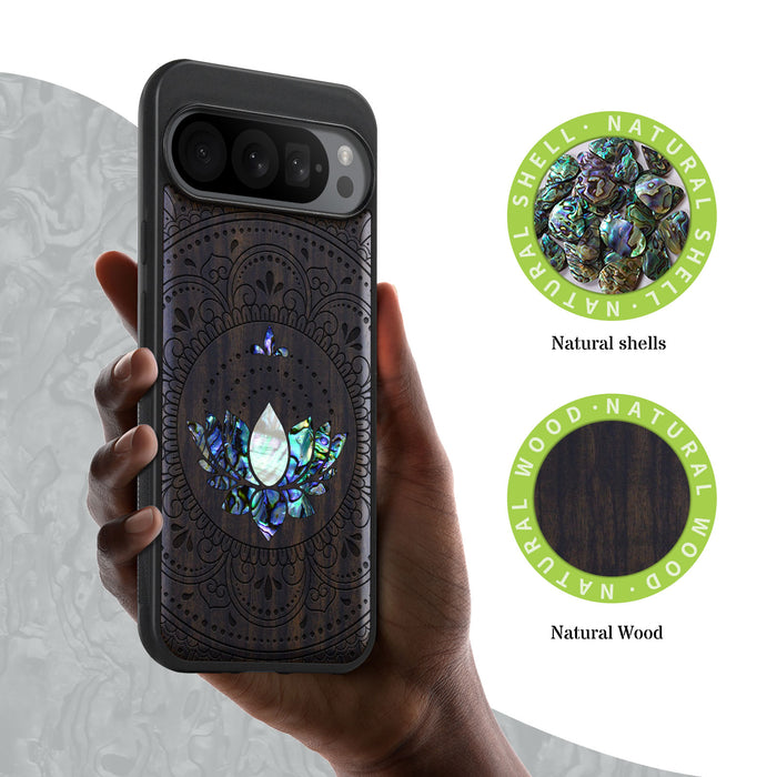 Lotus Mandala Essence, Hand-Inlaid Wood & Mother of Pearl Case - Artisanal Cover for Google Pixel