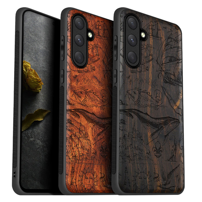 A Voyage of Vintage Visions, Classic Engraved Wood & TPU Case - Artisanal Cover for Samsung Galaxy