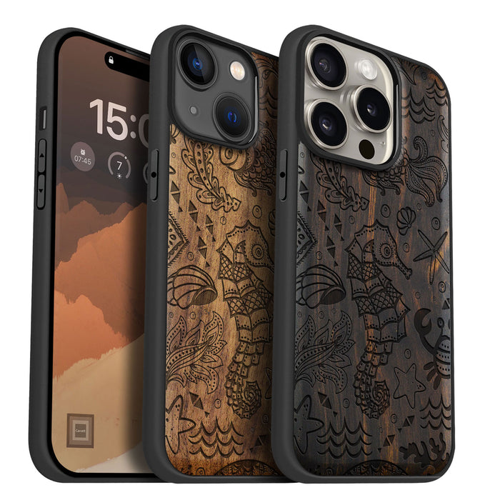 An Aquatic Symphony, Classic Engraved Wood & TPU Case - Artisanal Cover for Apple iPhone