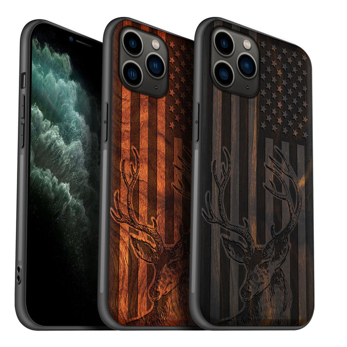 Deer Against the Backdrop of Stars and Stripes, Classic Engraved Wood & TPU Case - Artisanal Cover for Apple iPhone