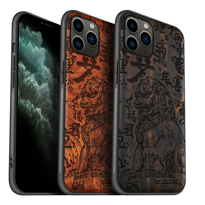 The Chinese Guardian Lions, Classic Engraved Wood & TPU Case - Artisanal Cover for Apple iPhone