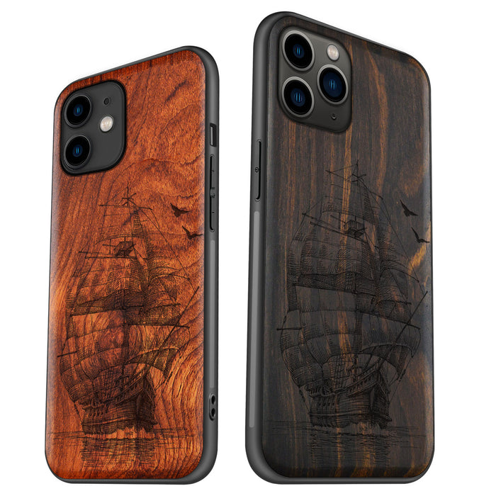 Sailboat on the Sea, Classic Engraved Wood & TPU Case - Artisanal Cover for Apple iPhone