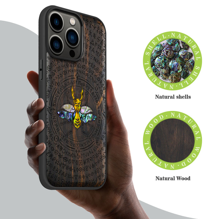 Mystical Armor, Hand-Inlaid Wood & Mother of Pearl Case - Artisanal Cover for Apple iPhone