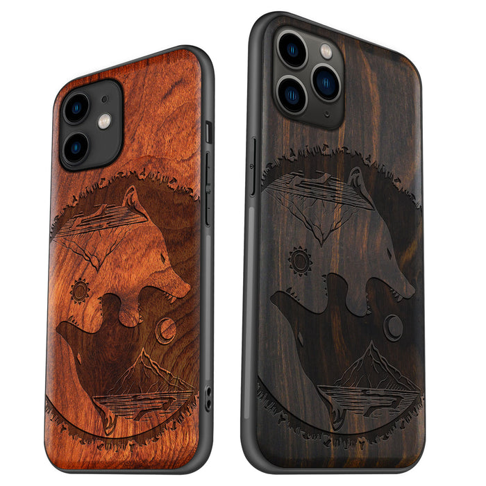 Yin-Yang Wolf, Classic Engraved Wood & TPU Case - Artisanal Cover for Apple iPhone