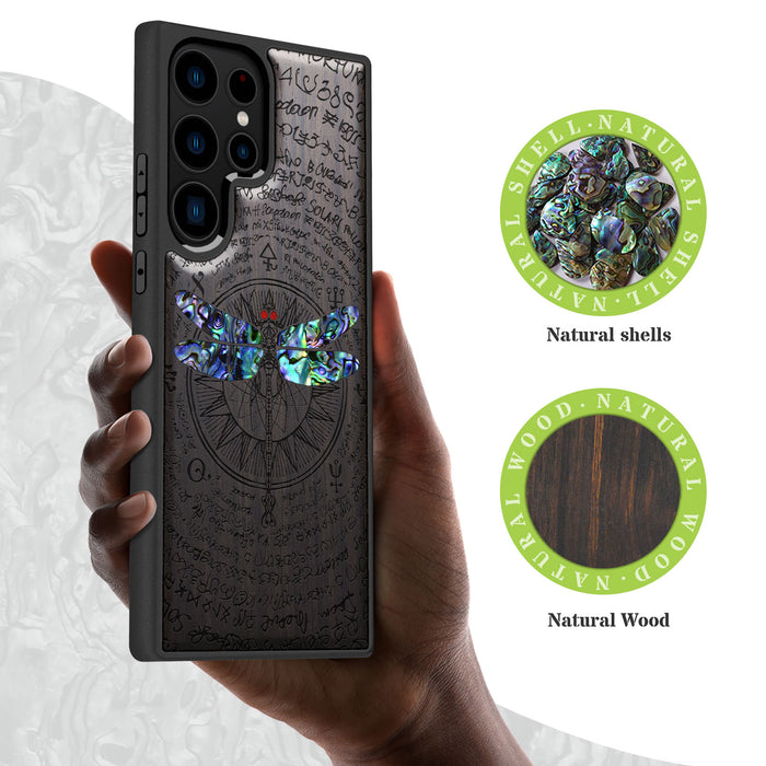 The Graceful Dragonfly, Hand-Inlaid Wood & Mother of Pearl Case - Artisanal Cover for Samsung Galaxy