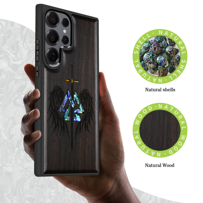 Wings of Valor Essence  , Hand-Inlaid Wood & Mother of Pearl Case - Artisanal Cover for Samsung Galaxy