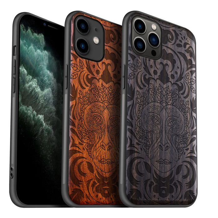 The Leafy Visage, Classic Engraved Wood & TPU Case - Artisanal Cover for Apple iPhone