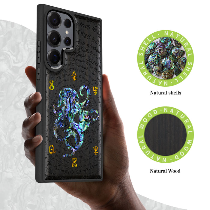 Celestial Cephalopod, Hand-Inlaid Wood & Mother of Pearl Case - Artisanal Cover for Samsung Galaxy