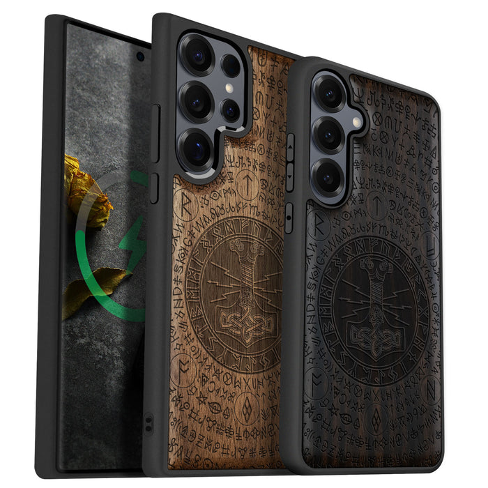 Mjölnir and the Runes, Classic Engraved Wood & TPU Case - Artisanal Cover for Samsung Galaxy