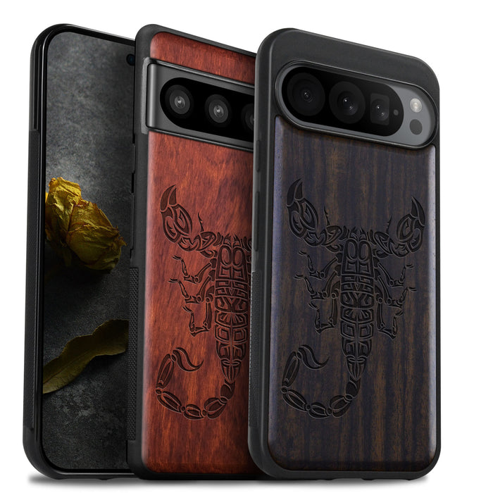 The Tribal Scorpion, Classic Engraved Wood & TPU Case - Artisanal Cover for Google Pixel