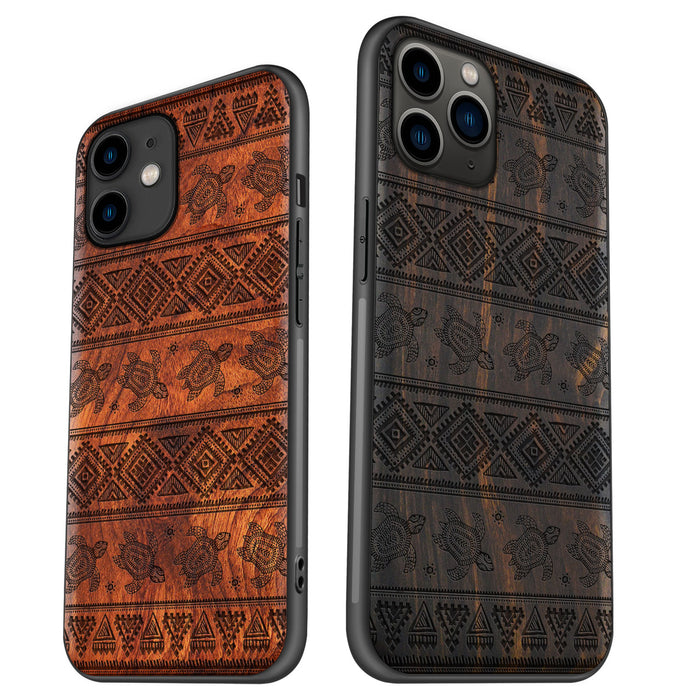 The Aztec Sea Turtle, Classic Engraved Wood & TPU Case - Artisanal Cover for Apple iPhone