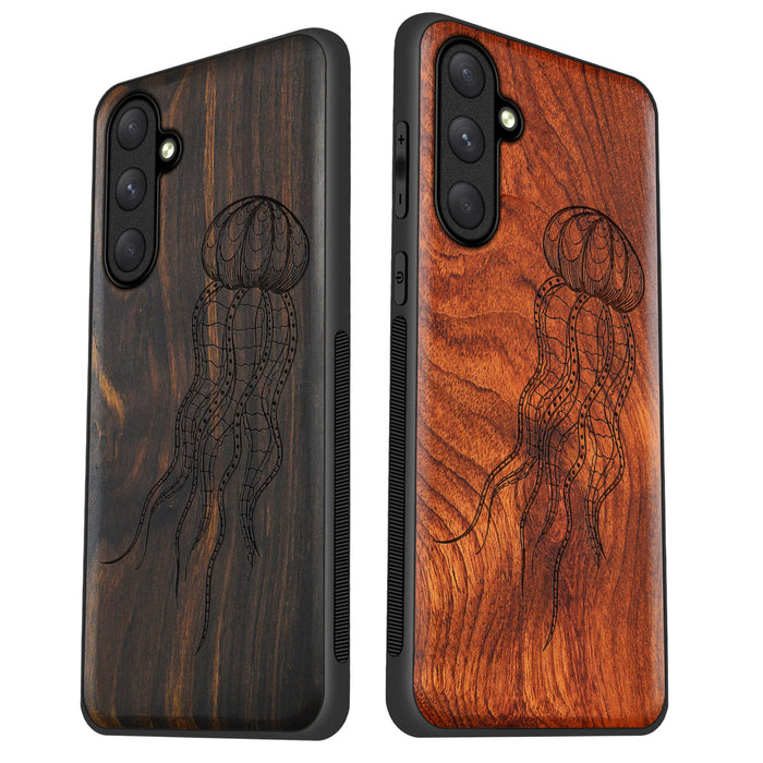 Zentangle Art Jellyfish, Classic Engraved Wood & TPU Case - Artisanal Cover for Samsung Galaxy