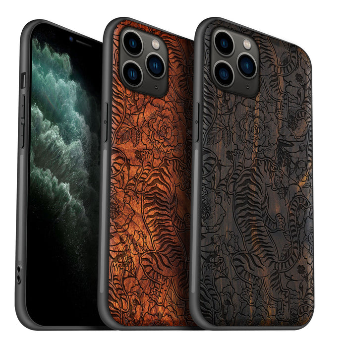 A Tiger Amidst Flowers and Vines, Classic Engraved Wood & TPU Case - Artisanal Cover for Apple iPhone