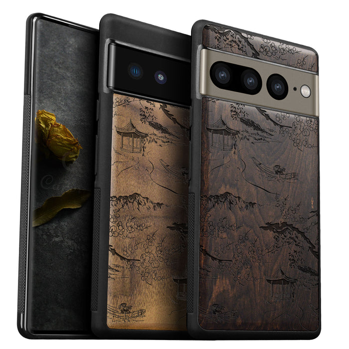 An Intricate Chinese Landscape, Classic Engraved Wood & TPU Case - Artisanal Cover for Google Pixel