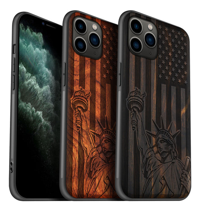 Freedom's Beacon, Classic Engraved Wood & TPU Case - Artisanal Cover for Apple iPhone