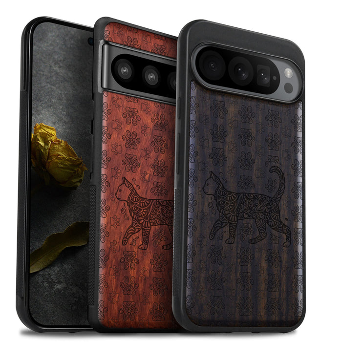 Majestic Tribal Feline, Classic Engraved Wood & TPU Case - Artisanal Cover for Google Pixel