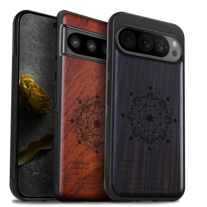 Mandala Flower Design, Classic Engraved Wood & TPU Case - Artisanal Cover for Google Pixel