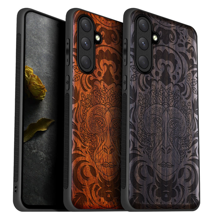 The Leafy Visage, Classic Engraved Wood & TPU Case - Artisanal Cover for Samsung Galaxy