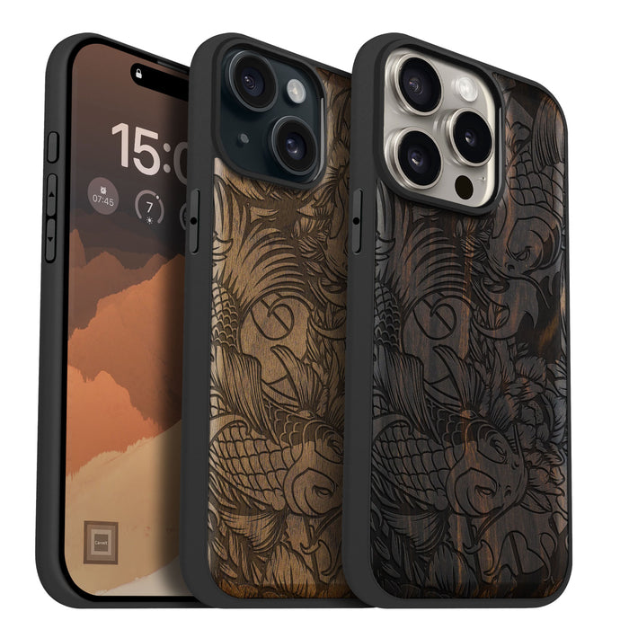 Flowing Harmony, Classic Engraved Wood & TPU Case - Artisanal Cover for Apple iPhone