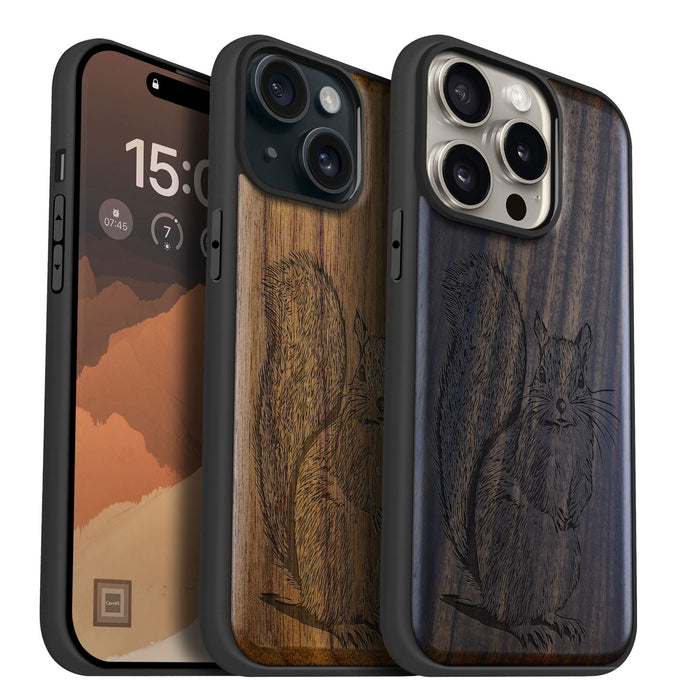 The Squirrel Sketch, Classic Engraved Wood & TPU Case - Artisanal Cover for Apple iPhone