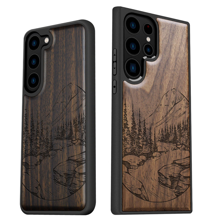 The Lake and Mountain Landscape, Classic Engraved Wood & TPU Case - Artisanal Cover for Samsung Galaxy