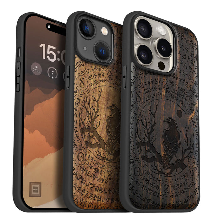 Raven's Arcanum, Classic Engraved Wood & TPU Case - Artisanal Cover for Apple iPhone