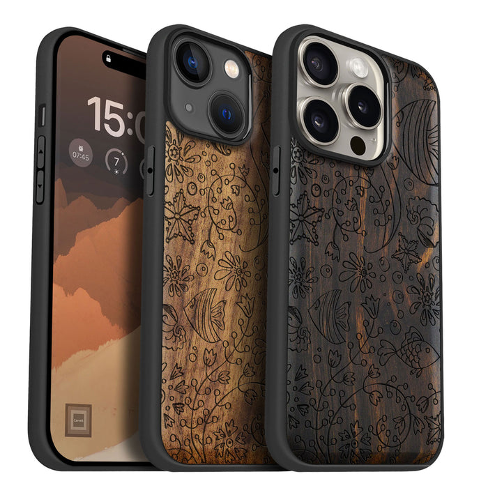 Seamless Linework of Oceanic Life, Classic Engraved Wood & TPU Case - Artisanal Cover for Apple iPhone