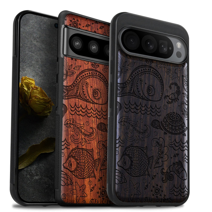 A Marine Mosaic, Classic Engraved Wood & TPU Case - Artisanal Cover for Google Pixel