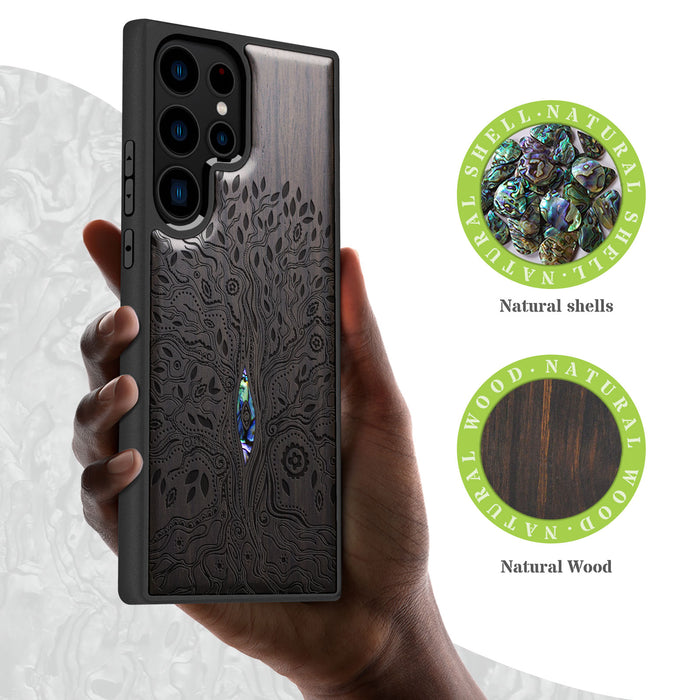 The Line Art Tree of Life, Hand-Inlaid Wood & Mother of Pearl Case - Artisanal Cover for Samsung Galaxy