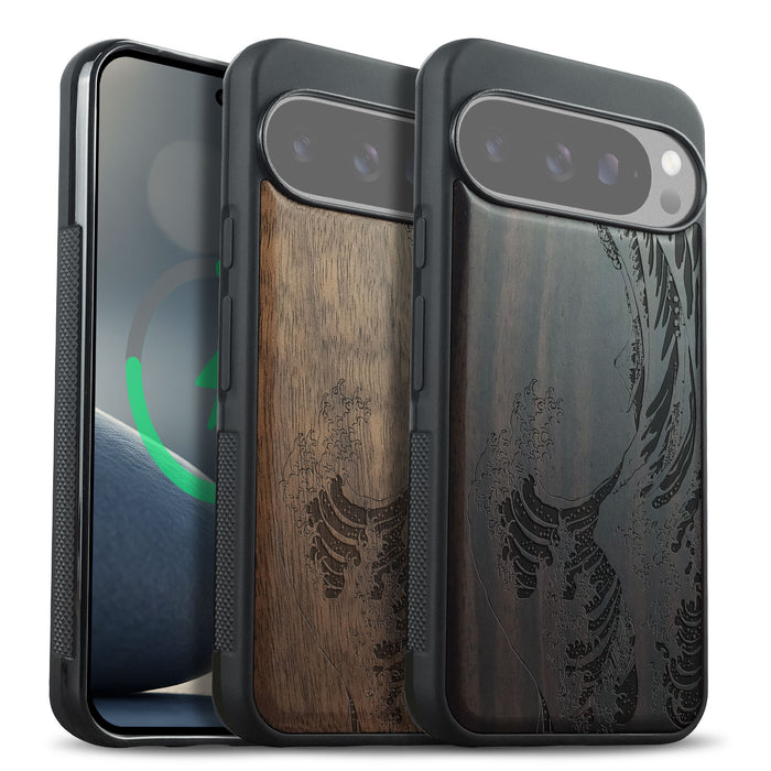 Wave Reimagined, Classic Engraved Wood & TPU Case - Artisanal Cover for Google Pixel