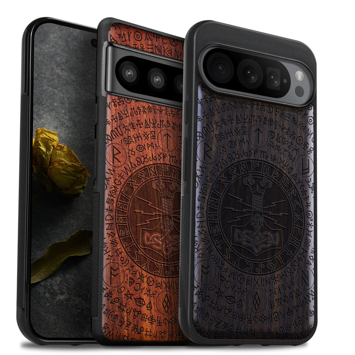 Mjölnir and the Runes, Classic Engraved Wood & TPU Case - Artisanal Cover for Google Pixel