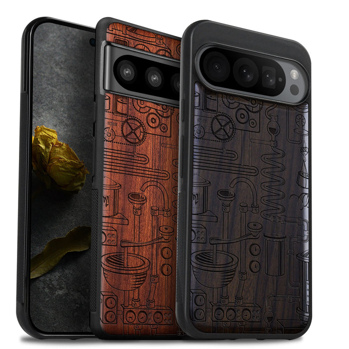 Machinery in Harmony, Classic Engraved Wood & TPU Case - Artisanal Cover for Google Pixel