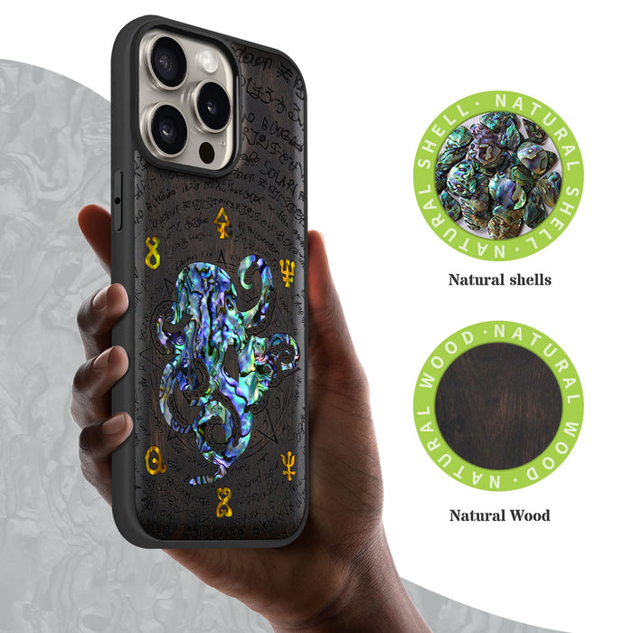 Octopus and Octagonal Star Hand-Inlaid Wood & Mother of Pearl Case Apple iPhone Artisanal Case View