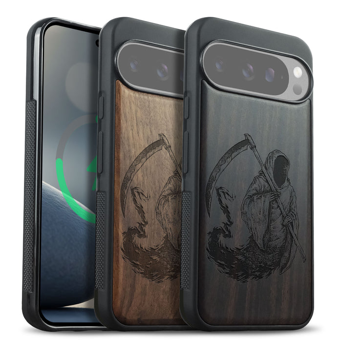 The Grim Reaper, Classic Engraved Wood & TPU Case - Artisanal Cover for Google Pixel