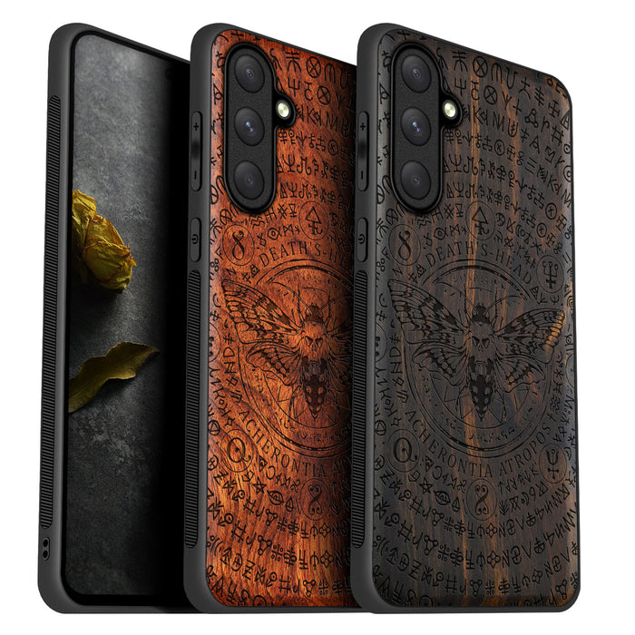 The Death's-Head Butterfly Amidst Runes and Occult, Classic Engraved Wood & TPU Case - Artisanal Cover for Samsung Galaxy