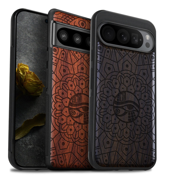 Mandala Eye of Horus, Classic Engraved Wood & TPU Case - Artisanal Cover for Google Pixel